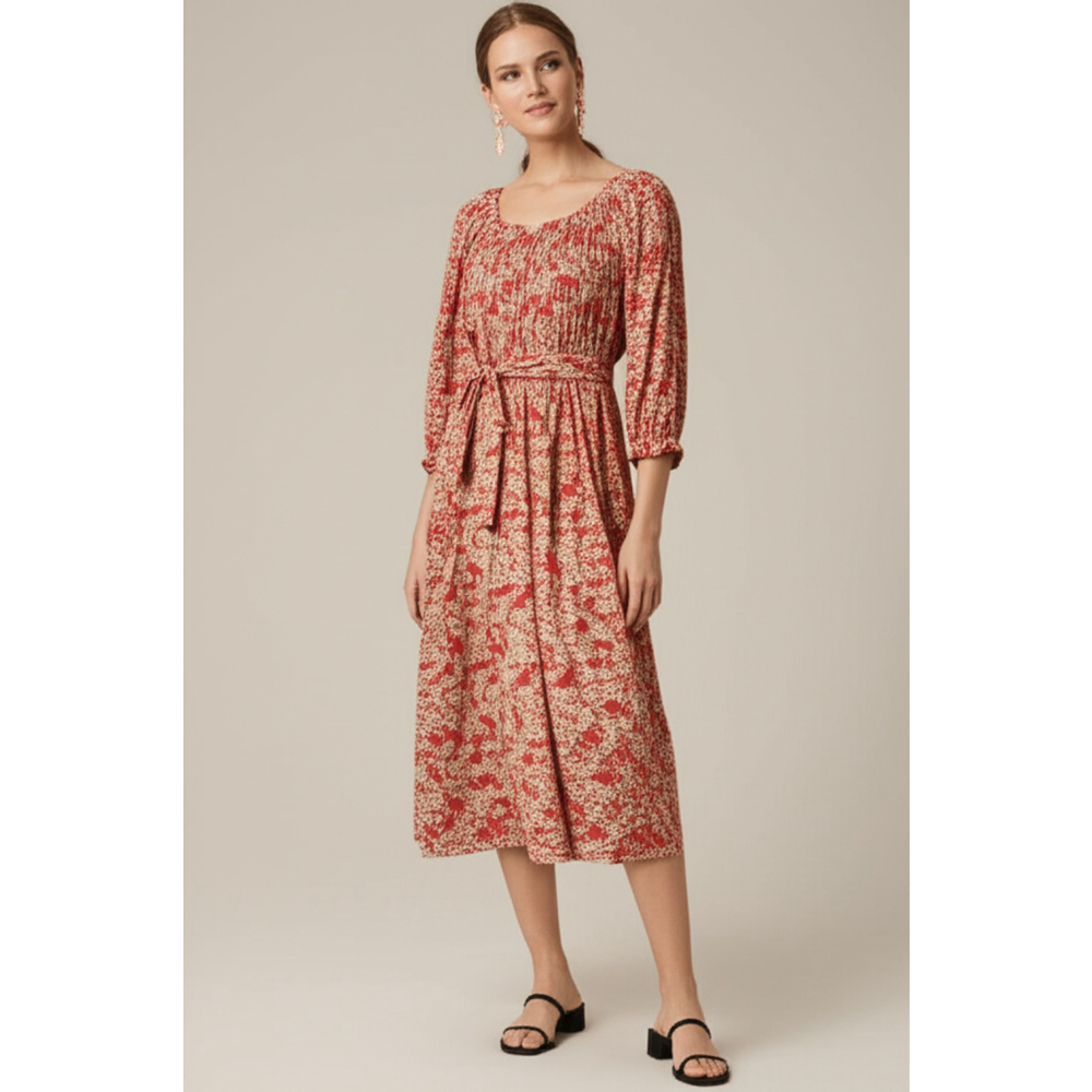 Loft Floral Peasant Dress Size 16 Red Pink Midi